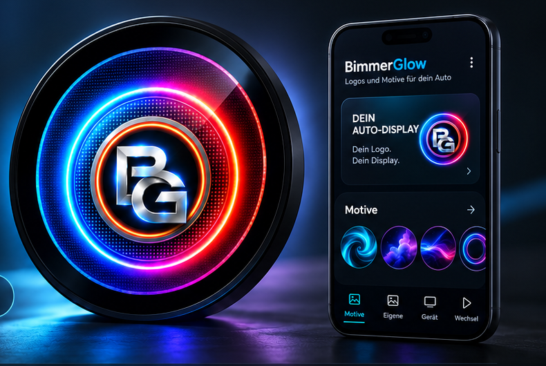 Visualisierung des BimmerGlow-Emblems neben einem Smartphone mit der App